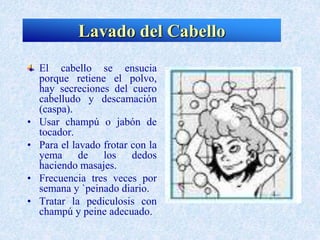 El cabello se ensucia
porque retiene el polvo,
hay secreciones del cuero
cabelludo y descamación
(caspa).
• Usar champú o jabón de
tocador.
• Para el lavado frotar con la
yema de los dedos
haciendo masajes.
• Frecuencia tres veces por
semana y `peinado diario.
• Tratar la pediculosis con
champú y peine adecuado.
Lavado del Cabello
 