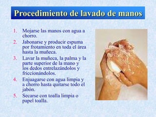 1. Mojarse las manos con agua a
chorro.
2. Jabonarse y producir espuma
por frotamiento en toda el área
hasta la muñeca.
3. Lavar la muñeca, la palma y la
parte superior de la mano y
los dedos entrelazándolos y
friccionándolos.
4. Enjuagarse con agua limpia y
a chorro hasta quitarse todo el
jabón.
5. Secarse con toalla limpia o
papel toalla.
Procedimiento de lavado de manos
 