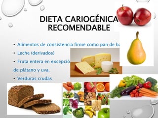 DIETA CARIOGÉNICA
RECOMENDABLE
• Alimentos de consistencia firme como pan de barra
• Leche (derivados)
• Fruta entera en excepción
de plátano y uva.
• Verduras crudas
 