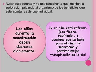  *Usar desodorante y no antitranspirante que impiden la
sudoración privando al organismo de los beneficios que
esta aporta. Es de uso individual.
Las niñas
durante la
menstruación
deben
ducharse
diariamente.
Si un niño está enfermo
(con fiebre,
resfriado...)
conviene que se bañe
para eliminar la
sudoración y
permitir mejor
transpiración de la piel
 