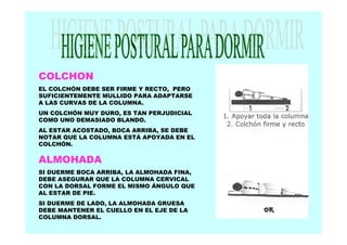 COLCHON
EL COLCHÓN DEBE SER FIRME Y RECTO, PERO
SUFICIENTEMENTE MULLIDO PARA ADAPTARSE
A LAS CURVAS DE LA COLUMNA.
UN COLCHÓN MUY DURO, ES TAN PERJUDICIAL
COMO UNO DEMASIADO BLANDO.
AL ESTAR ACOSTADO, BOCA ARRIBA, SE DEBE
NOTAR QUE LA COLUMNA ESTÁ APOYADA EN EL
COLCHÓN.

ALMOHADA
SI DUERME BOCA ARRIBA, LA ALMOHADA FINA,
DEBE ASEGURAR QUE LA COLUMNA CERVICAL
CON LA DORSAL FORME EL MISMO ÁNGULO QUE
AL ESTAR DE PIE.
SI DUERME DE LADO, LA ALMOHADA GRUESA
DEBE MANTENER EL CUELLO EN EL EJE DE LA
COLUMNA DORSAL.

 