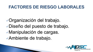 Organización del trabajo.
Diseño del puesto de trabajo.
Manipulación de cargas.
Ambiente de trabajo.
 