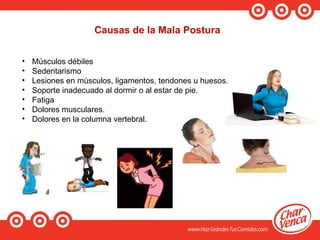 Causas de la Mala Postura
• Músculos débiles
• Sedentarismo
• Lesiones en músculos, ligamentos, tendones u huesos.
• Soporte inadecuado al dormir o al estar de pie.
• Fatiga
• Dolores musculares.
• Dolores en la columna vertebral.
 