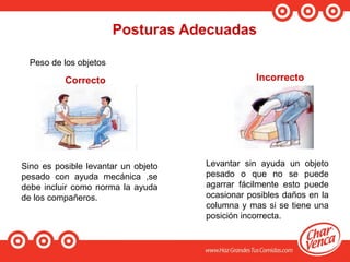 Peso de los objetos
Sino es posible levantar un objeto
pesado con ayuda mecánica ,se
debe incluir como norma la ayuda
de los compañeros.
Levantar sin ayuda un objeto
pesado o que no se puede
agarrar fácilmente esto puede
ocasionar posibles daños en la
columna y mas si se tiene una
posición incorrecta.
 