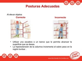 Al elevar objetos
• Utilizar una escalera o un banco que le permita alcanzar la
superficie que se desea.
• La hiperextensión de la columna incrementa el sobre peso en la
región lumbar .
 