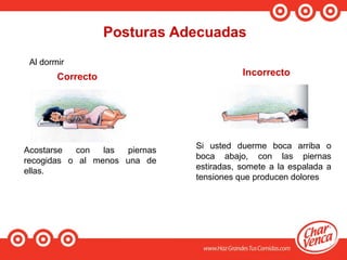 Correcto
Al dormir
Acostarse con las piernas
recogidas o al menos una de
ellas.
Si usted duerme boca arriba o
boca abajo, con las piernas
estiradas, somete a la espalada a
tensiones que producen dolores
 