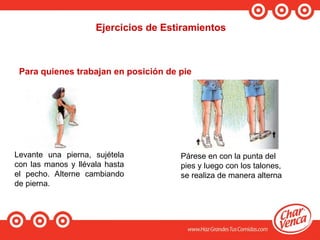 Ejercicios de Estiramientos
Para quienes trabajan en posición de pie
Levante una pierna, sujétela
con las manos y llévala hasta
el pecho. Alterne cambiando
de pierna.
Párese en con la punta del
pies y luego con los talones,
se realiza de manera alterna
 