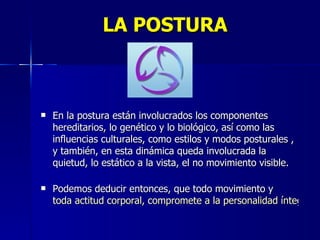 LA POSTURA En la postura están involucrados los componentes hereditarios, lo genético y lo biológico, así como las influencias culturales, como estilos y modos posturales , y también, en esta dinámica queda involucrada la quietud, lo estático a la vista, el no movimiento visible. Podemos deducir entonces, que todo movimiento y  toda actitud corporal, compromete a la personalidad íntegra del individuo. 