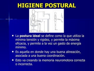 HIGIENE POSTURAL La  postura ideal  se define como la que utiliza la mínima tensión y rigidez, y permite la máxima eficacia, y permite a la vez un gasto de energía mínimo.  Es aquella en donde hay una buena alineación, asociada a una buena coordinación. Esto va creando la memoria neuromotora correcta o incorrecta. 