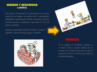 HIGIENE Y SEGURIDAD LABORAL 
Está dirigido a la formación de un profesional con una visión integral del ser humano, con sentido social y responsabilidad ambientalista, capacitado para el diseño, instalación, operación, evaluación, gerencia, investigación e innovación en el área de higiene y seguridad. 
Orientado a transformar condiciones laborales y promover ambientes y puestos de trabajo seguros y adecuados 
TRABAJO 
Es un conjunto de actividades realizadas, es el esfuerzo (físico o mental) realizado por las personas, con el objetivo de alcanzar una meta, la producción de bienes y servicios para atender las necesidades humanas.  