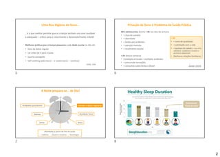 2
Uma Boa Higiene do Sono…
…é o que melhor permite que as crianças tenham um sono saudável
e adequado – crítico para o crescimento e desenvolvimento infantil
Melhores práticas para crianças pequenas e em idade escolar (e não só):
• Hora de deitar regular
• Ler antes de ir para a cama
• Quarto sossegado
• Self soothing (adormecer – e readormecer – sozinhas)
AASM, 2018
Privação de Sono é Problema de Saúde Pública
58% adolescentes dorme < 8h nos dias de semana
• > risco de suicídio
• > obesidade
• > lesões por acidentes
• < atenção mantida
• < rendimento escolar
> 9h
• > sono de qualidade
• > satisfação com a vida
• < queixas de saúde (< risco HTA,
colesterol, resistência à insulina e
perímetro abdominal)
• Melhores relações familiares< 6h (toda a semana)
• Condução arriscada – múltiplos acidentes
• > procura de sensações
• > consumos subst ilícitas e álcool AASM (2019)
A Noite prepara-se… de Dia!
Acordar e deitar regulares
Atividade física
Sesta
Atividades a partir do fim da tarde
- Cafeína - Álcool e nicotina - Tecnologia
Ambiente para dormir
Rotinas
Jantar
Subestimam
horas de sono
5 6
7 8
 