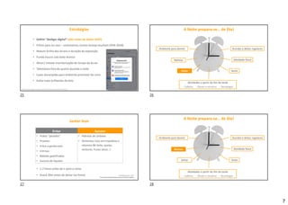 7
• Definir “desligar digital”: 60m antes de deitar (AAP)
• Filtros para luz azul – controverso; óculos laranja resultam (IPSA 2018)
• Reduzir brilho dos écrans e duração da exposição
• Fundo escuro sob texto branco
• Ativar/ instalar monitorização de tempo de écran
• Telemóveis fora do quarto durante a noite
• Luzes alaranjadas para ambiente promotor do sono
• Evitar luzes brilhantes de teto
Meltzer & McLaughlinCrabtree(2015); Mindel & Owens, (2015); AAP (2013)
Estratégias A Noite prepara-se… de Dia!
Acordar e deitar regulares
Atividade física
Sesta
Atividades a partir do fim da tarde
- Cafeína - Álcool e nicotina - Tecnologia
Ambiente para dormir
Rotinas
Jantar
Pin Arboledas et al., 2014
https://www.sleepfoundation.org/articles/sleep-hygiene
Evitar Apostar
• Pratos “pesados”
• Picantes
• Fritos e gordurosos
• Citrinos
• Bebidas gaseificadas
• Excesso de líquidos
• Hidratos de carbono
• Alimentos ricos em triptofano e
vitamina B6 (leite, queijo,
verduras, frutos secos…)
Jantar leve
• 1-2 horas antes de ir para a cama
• Snack 30m antes de deitar (se fome)
A Noite prepara-se… de Dia!
Acordar e deitar regulares
Atividade física
Sesta
Ambiente para dormir
Rotinas
Jantar
Atividades a partir do fim da tarde
- Cafeína - Álcool e nicotina - Tecnologia
25 26
27 28
 