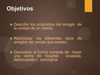 Objetivos
 Describir los propósitos del arreglo de
la unidad de un cliente.
 Reconocer los diferentes tipos de
arreglos de camas que existen
 Demostrar la forma correcta de hacer
una cama de hospital ocupada,
desocupada y quirúrgica.
 
