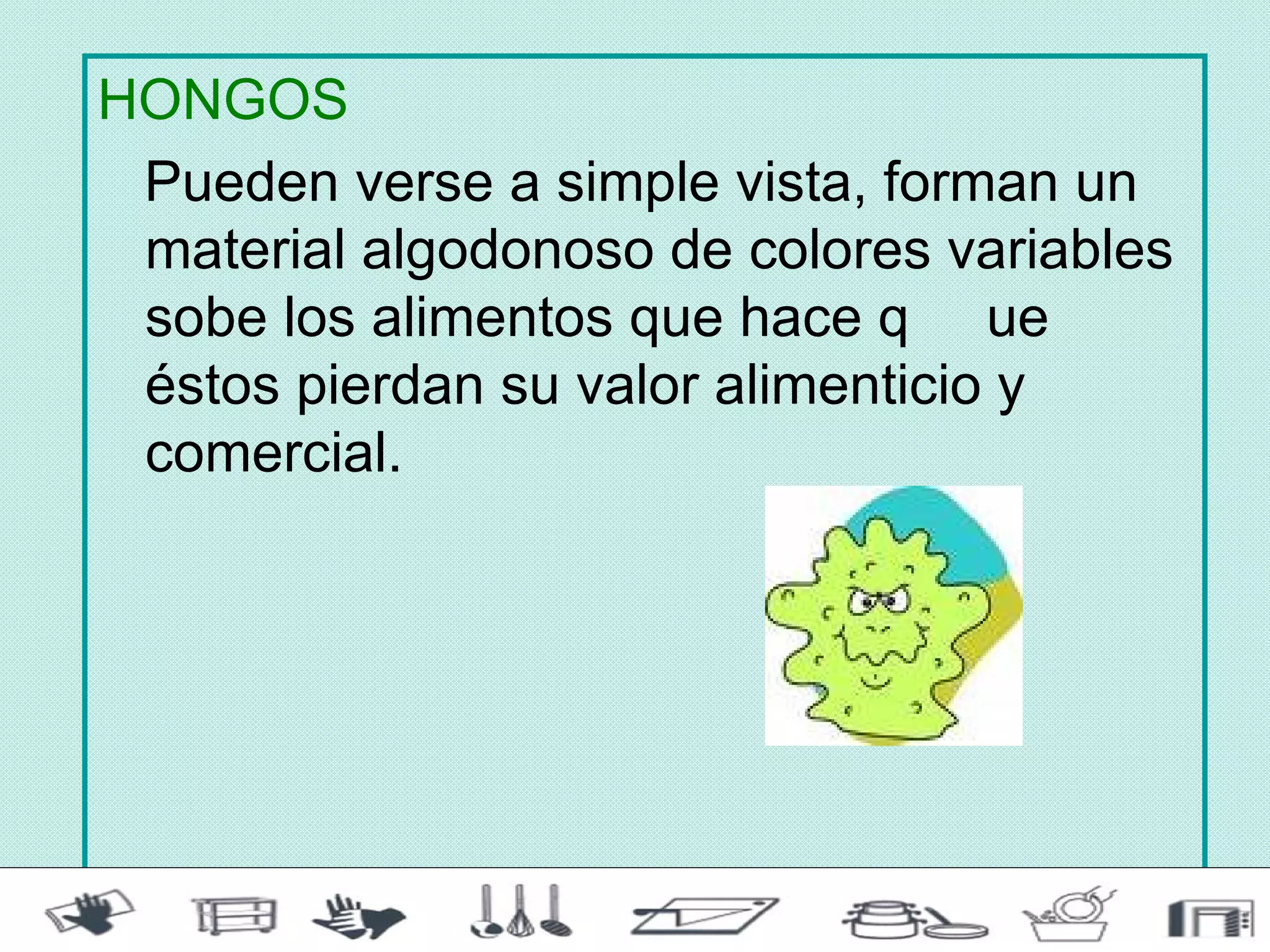 HONGOS
 Pueden verse a simple vista, forman un
 material algodonoso de colores variables
 sobe los alimentos que hace q ue
 éstos pierdan su valor alimenticio y
 comercial.
 