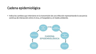 Cadena epidemiológica
• Indica los cambios que interviene en la transmisión de una infección representando la secuencia
continua de interacción entre el virus, el hospedero y el medio ambiente.
 