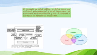 El concepto de salud pública, se define como una 
actividad gubernamental y social importante, de 
naturaleza multidisciplinaria y que se extiende a 
casi todos los aspectos de la sociedad. 
 