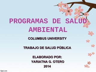 PROGRAMAS DE SALUD
AMBIENTAL
COLUMBUS UNIVERSITYCOLUMBUS UNIVERSITY
TRABAJO DE SALUD PÚBLICATRABAJO DE SALUD PÚBLICA
ELABORADO POR:ELABORADO POR:
YARIATNA G. OTEROYARIATNA G. OTERO
20142014
 