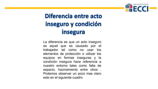 La diferencia es que un acto inseguro
es aquel que es causado por el
trabajador tal como no usar los
elementos de protección o utilizar los
equipos en formas inseguras y la
condición insegura hace referencia a
nuestro entorno tales como falta de
espacio, hacinamiento entre otros .
Podemos observar un poco mas claro
esto en el siguiente cuadro
 