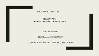 PELIGROS LABORALES
PRESENTADO
WENDY TATIANA PINZON SIERRA
UNIVERSIDAD ECCI
PROGRAMA: GASTRONOMIA
ASIGNATURA : HIGIENE Y SEGURIDAD INSDUSTRIAL
 