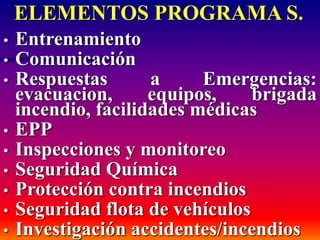 ELEMENTOS PROGRAMA S.
• Entrenamiento
• Comunicación
• Respuestas a Emergencias:
evacuacion, equipos, brigada
incendio, facilidades médicas
• EPP
• Inspecciones y monitoreo
• Seguridad Química
• Protección contra incendios
• Seguridad flota de vehículos
• Investigación accidentes/incendios
 