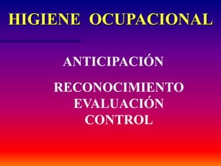 HIGIENE OCUPACIONAL
RECONOCIMIENTO
EVALUACIÓN
CONTROL
ANTICIPACIÓN
 
