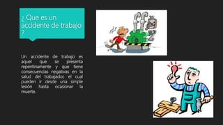 ¿ Que es un
accidente de trabajo
?
Un accidente de trabajo es
aquel que se presenta
repentinamente y que tiene
consecuencias negativas en la
salud del trabajador, el cual
pueden ir desde una simple
lesión hasta ocasionar la
muerte.
 