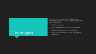 Actos inseguros
Son acciones las cuales al ser realizadas por
trabajadores pueden causar accidentes de trabajo
como pueden ser:
• Posturas inseguras
• No usar elementos de protección personal
• Realizar trabajos sin previa capacitación
• Realizar acciones que no estén previamente
planificadas
 