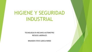 HIGIENE Y SEGURIDAD
INDUSTRIAL
TECNOLOGIA EN MECANICA AUTOMOTRIZ
RIESGOS LABORALES
BRANDON STEVE GARCIA PARDO
 