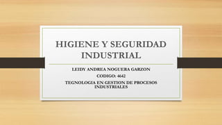 HIGIENE Y SEGURIDAD
INDUSTRIAL
LEIDY ANDREA NOGUERA GARZON
CODIGO: 4642
TEGNOLOGIA EN GESTION DE PROCESOS
INDUSTRIALES
 