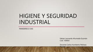 HIGIENE Y SEGURIDAD
INDUSTRIAL
MANDERECCI SAS
Fabian Leonardo Ahumada Guzmán
Cod: 100850
Docente Carlos Humberto Pedraza
Poveda
 