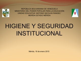 HIGIENE Y SEGURIDAD
INSTITUCIONAL
Mérida, 16 de enero 2015
 