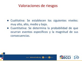 ● Cualitativa: Se establecen los siguientes niveles:
muy alto, alto, medio y bajo.
● Cuantitativa: Se determina la probabilidad de que
ocurran eventos específicos y la magnitud de sus
consecuencias.
Valoraciones de riesgos
 