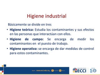 Básicamente se divide en tres
• Higiene teórica: Estudia los contaminantes y sus efectos
en las personas que interactúan con ellos.
• Higiene de campo: Se encarga de medir los
contaminantes en el puesto de trabajo.
• Higiene operativa: se encarga de dar medidas de control
para estos contaminantes.
Higiene industrial
 