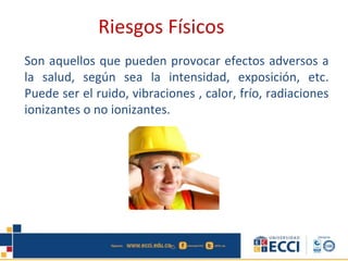Son aquellos que pueden provocar efectos adversos a
la salud, según sea la intensidad, exposición, etc.
Puede ser el ruido, vibraciones , calor, frío, radiaciones
ionizantes o no ionizantes.
Riesgos Físicos
 