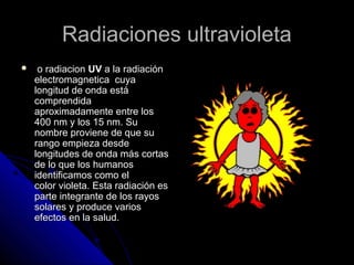 RRaaddiiaacciioonneess uullttrraavviioolleettaa 
 oo rraaddiiaacciioonn UUVV aa llaa rraaddiiaacciióónn 
eelleeccttrroommaaggnneettiiccaa ccuuyyaa 
lloonnggiittuudd ddee oonnddaa eessttáá 
ccoommpprreennddiiddaa 
aapprrooxxiimmaaddaammeennttee eennttrree llooss 
440000 nnmm yy llooss 1155 nnmm.. SSuu 
nnoommbbrree pprroovviieennee ddee qquuee ssuu 
rraannggoo eemmppiieezzaa ddeessddee 
lloonnggiittuuddeess ddee oonnddaa mmááss ccoorrttaass 
ddee lloo qquuee llooss hhuummaannooss 
iiddeennttiiffiiccaammooss ccoommoo eell 
ccoolloorr vviioolleettaa.. EEssttaa rraaddiiaacciióónn eess 
ppaarrttee iinntteeggrraannttee ddee llooss rraayyooss 
ssoollaarreess yy pprroodduuccee vvaarriiooss 
eeffeeccttooss eenn llaa ssaalluudd.. 
 