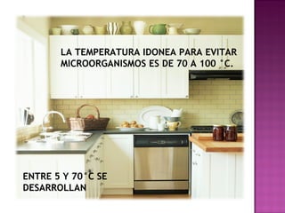 LA TEMPERATURA IDONEA PARA EVITAR MICROORGANISMOS ES DE 70 A 100 °C. ENTRE 5 Y 70°C SE DESARROLLAN 
