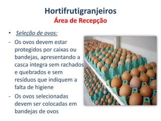 Esguicho de pressão (dotado de suporte adequado)HortifrutigranjeirosÁrea de Recepção de MercadoriasSeleção de frutas verduras e legumes:Devem estar frescos , íntegros , firmes , com aroma e sabor próprios, sem traços de descoloração ou manchas, isentas de odor e sabor estranhos