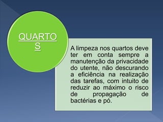 A limpeza nos quartos deve
ter em conta sempre a
manutenção da privacidade
do utente, não descurando
a eficiência na realização
das tarefas, com intuito de
reduzir ao máximo o risco
de propagação de
bactérias e pó.
QUARTO
S
 