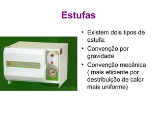 Estufas
• Existem dois tipos de
estufa:
• Convenção por
gravidade
• Convenção mecânica
( mais eficiente por
destribuição de calor
mais uniforme)
 