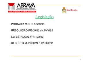 Legislação
PORTARIA M.S. nº 3.523/98
RESOLUÇÃO RE-09/03 da ANVISA
LEI ESTADUAL nº 4.192/03
DECRETO MUNICIPAL º 22.281/02

2

 