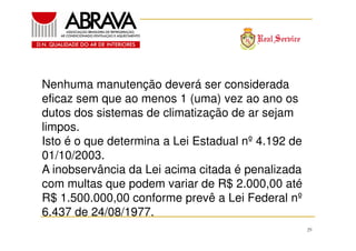 Nenhuma manutenção deverá ser considerada
eficaz sem que ao menos 1 (uma) vez ao ano os
dutos dos sistemas de climatização de ar sejam
limpos.
Isto é o que determina a Lei Estadual nº 4.192 de
01/10/2003.
A inobservância da Lei acima citada é penalizada
com multas que podem variar de R$ 2.000,00 até
R$ 1.500.000,00 conforme prevê a Lei Federal nº
6.437 de 24/08/1977.
29

 