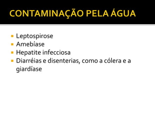 Leptospirose 
 Amebíase 
 Hepatite infecciosa 
 Diarréias e disenterias, como a cólera e a 
giardíase 
 