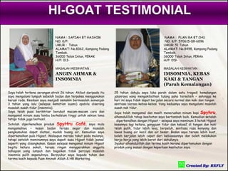 HI-GOAT TESTIMONIAL
                               NAMA : SAPIAH BT HASHIM                                            NAMA : PUAN RA BT CHU
                               NO. K/P:                                                           NO. K/P: 570615-08-6096
                               UMUR : Tahun                                                       UMUR: 51 Tahun
                               ALAMAT: No.8362, Kampong Padang                                    ALAMAT: No.8498, Kampong Padang
                               Tembak,                                                            Tembak,
                               36000 Telok Intan, PERAK                                           36000 Telok Intan, PERAk
                               H/P: 013-                                                          H/P: 019-

                               MASALAH KESIHATAN :                                                MASALAH KESIHATAN :
                               ANGIN AHMAR &                                                      IMSOMNIA, KEBAS
                               INSOMNIA                                                           KAKI & TANGAN
                                                                                                  (Parah Kemalangan)
Saya telah terkena serangan strok 26 tahun. Akibat daripada itu   25 tahun dahulu saya luka parah dalam satu tragedi kemalangan
saya mengalami lumpuh sebelah badan dan terpaksa menggunakan      jalanraya yang mengakibatkan tulang paha terselisih – sehingga ke
kerusi roda. Keadaan saya menjadi semakin bermasalah semenjak     hari ini saya tidak dapat berjalan secara normal dan kaki dan tangan
3 tahun yang lalu (selepas kematian suami) apabila diserang       sentiasa berasa kebas-kebas. Yang keduanya saya mengalami masalah
masalah susah tidur (insomnia).                                   susah nak tidur.
Saya telah puas berikhtiar berubat macam-macam cara dan           Saya telah mengamal dan masih meneruskan minum kopi Spyhru,
mengamal minum susu lembu berkalsium tinggi untuk sekian lama     alhamdulillah tahap kesihatan saya bertambah baik. Kemudian setelah
tetapi tidak juga berhasil.                                         diperkenalkan dengan Higoat – selepas saya meminum 3 kotak Higoat
Setelah diperkenalkan produk SpyHru Café, saya mula               kesannya lagi ketara, gangguan tidur dan kebas2 di tangan dan kaki
mengamalnya – kesan badan terasa segar dan masalah                telah pulih, tidur lebih lena, berpeluh, sentiasa rasa kenyang dan
pengkumuhan dapat diatasi, mudah buang air. Kemudian saya         lawas buang air kecil dan air besar. Badan saya terasa lebih kuat,
diperkenalkan pula Higoat. Walaupun merasa takut pada mulanya,    boleh berjalan lebih cepat dari kebiasaannya dan boleh melakukan
tetapi setelah meminumnya saya dapati susu Higoat tidak ’panas’   kerja-kerja yang lebih berat dari dahulunya.
seperti yang disangkakan. Kesan selepas mengamal minum Higoat     Syukur alhamdulillah dan terima kasih kerana dipertemukan dengan
begitu ketara sekali, terasa ringan menggerakkan anggota          produk yang sesuai dengan keperluan kesihatan saya.
bahagian yang lumpuh dan bagaikan tidak percaya masalah
insomnia pulih sepenuhnya. Bersyukur saya kepada tuhan dan
terima kasih kepada Puan Aminah Ablah & HR Marketing.
 