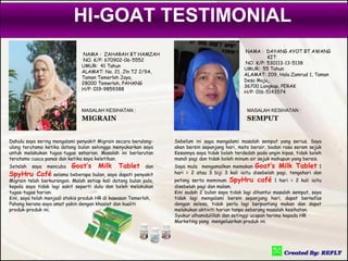 HI-GOAT TESTIMONIAL
                                                                                                NAMA : DAYANG AYOT BT AWANG
                               NAMA : ZAHARAH BT HAMZAH
                                                                                                          KIT
                               NO. K/P: 670902-06-5552
                                                                                                NO. K/P: 530113-13-5138
                               UMUR: 41 Tahun
                                                                                                UMUR: 55 Tahun
                               ALAMAT: No. 21, Jln TJ 2/9A,
                                                                                                ALAMAT: 209, Hala Zamrud 1, Taman
                               Taman Temerloh Jaya,
                                                                                                Desa Maju,,
                               28000 Temerloh, PAHANG
                                                                                                36700 Langkap, PERAK
                               H/P: 019-9859388
                                                                                                H/P: 016-5143574


                               MASALAH KESIHATAN :                                               MASALAH KESIHATAN :
                               MIGRAIN                                                           SEMPUT


Dahulu saya sering mengalami penyakit Migrain secara berulang-    Sebelum ini saya mengalami masalah semput yang serius. Saya
ulang terutama ketika datang bulan sehingga menyukarkan saya      akan bersin sepanjang hari, mata berair, badan rasa seram sejuk
untuk melakukan tugas-tugas seharian. Masalah ini berlarutan      Kesannya saya tidak boleh terdedah pada angin kipas, tidak boleh
terutama cuaca panas dan ketika saya keletihan.                   mandi pagi dan tidak boleh minum air sejuk mahupun yang berais.
Setelah   saya   mencuba   Goat’s     Milk     Tablet      dan    Saya mula mengamalkan memakan Goat’s Milk Tablet 1
SpyHru Café selama beberapa bulan, saya dapati penyakit           hari = 2 atau 3 biji 3 kali iaitu disebelah pagi, tengahari dan
Migrain telah berkurangan. Malah setiap kali datang bulan pula,   petang serta meminum SpyHru café 1 hari = 2 kali iaitu
kepala saya tidak lagi sakit seperti dulu dan boleh melakukan     disebelah pagi dan malam.
tugas-tugas harian.                                               Kini sudah 2 bulan saya tidak lagi dihantui masalah semput, saya
Kini, saya telah menjadi stokis produk HR di kawasan Temerloh,    tidak lagi mengalami bersin sepanjang hari, dapat bernafas
Pahang kerana saya amat yakin dengan khasiat dan kualiti          dengan selesa, tidak perlu lagi berpantang makan dan dapat
produk-produk ini.                                                melakukan aktiviti harian tanpa sebarang masalah kesihatan.
                                                                  Syukur alhamdulillah dan setinggi ucapan terima kepada HR
                                                                  Marketing yang mengeluarkan produk ini.
 