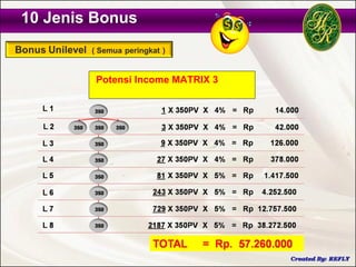 10 Jenis Bonus


         Potensi Income MATRIX 3
 