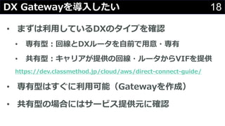 18DX Gateway?
? ޤ?ƤDXΥפ_J
? ͣؾDX`?ǰ??
? ͣꥢṩλؾ?`VIFṩ
https://dev.classmethod.jp/cloud/aws/direct-connect-guide/
? ͤϤ?ܣGatewayɣ
? ͤΈϤˤϥ`ӥṩԪ˴_J
 