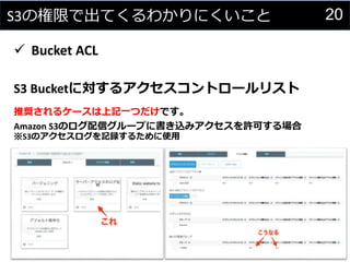 20S3の権限で出てくるわかりにくいこと
 Bucket ACL
S3 Bucketに対するアクセスコントロールリスト
推奨されるケースは上記一つだけです。
Amazon S3のログ配信グループに書き込みアクセスを許可する場合
※S3のアクセスログを記録するために使用
 
