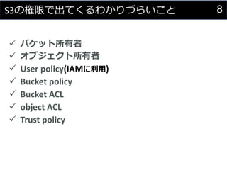8S3の権限で出てくるわかりづらいこと
 バケット所有者
 オブジェクト所有者
 User policy(IAMに利用)
 Bucket policy
 Bucket ACL
 object ACL
 Trust policy
 