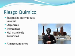 Riesgo Quimico 
 Sustancias nocivas para 
la salud 
 Orgánicas 
 Inorgánicas 
 Mal manejo de 
sustancias 
 Almacenamientos 
 