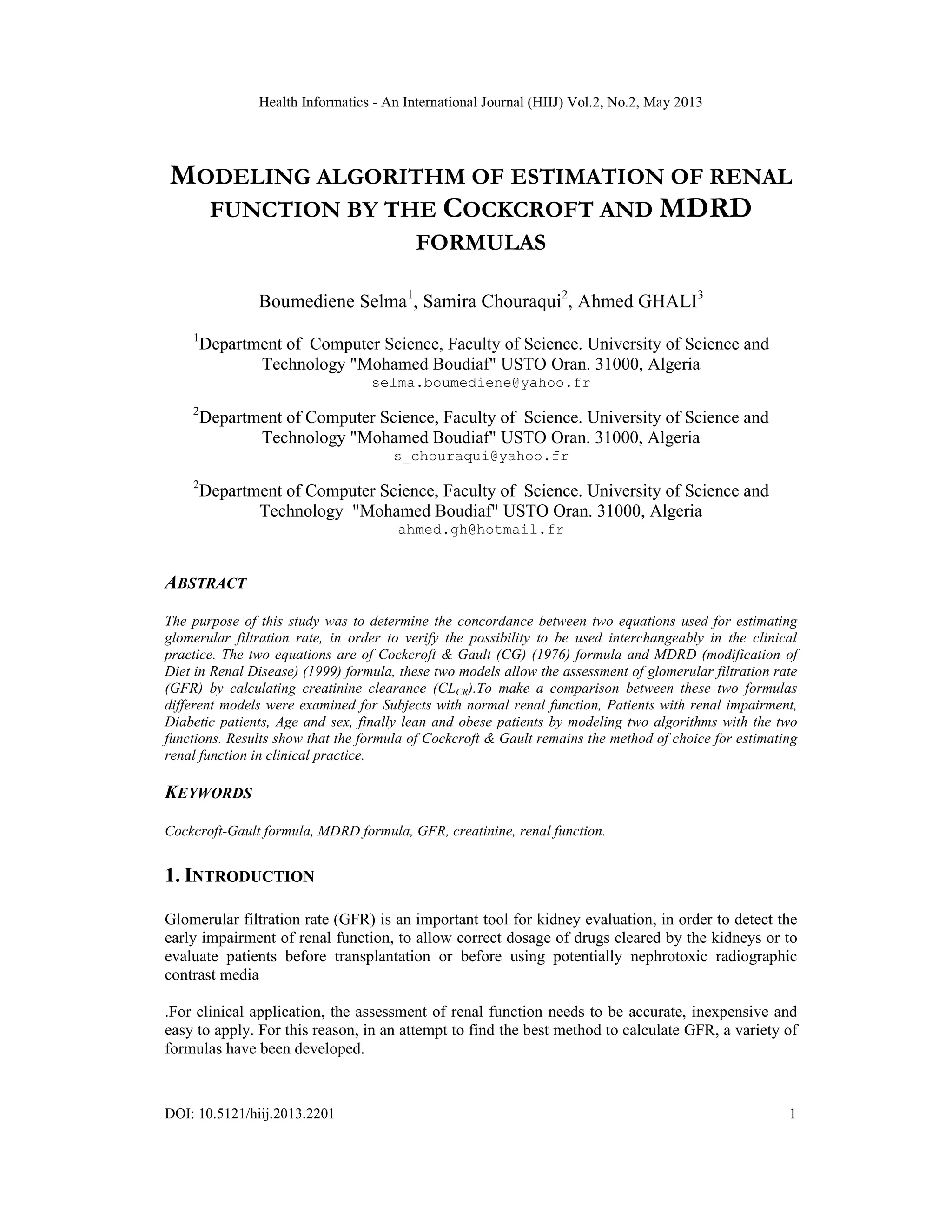 Mdrd Rfg Modeling Algorithm of Estimation Of Renal Function by the Cockcroft and ...